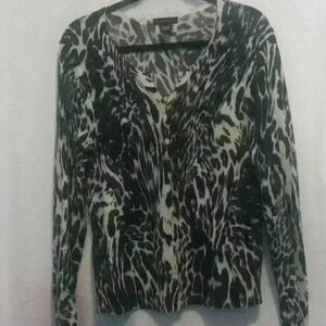 New York & Co. Button up leopard print cream black sweater top cotton blend M